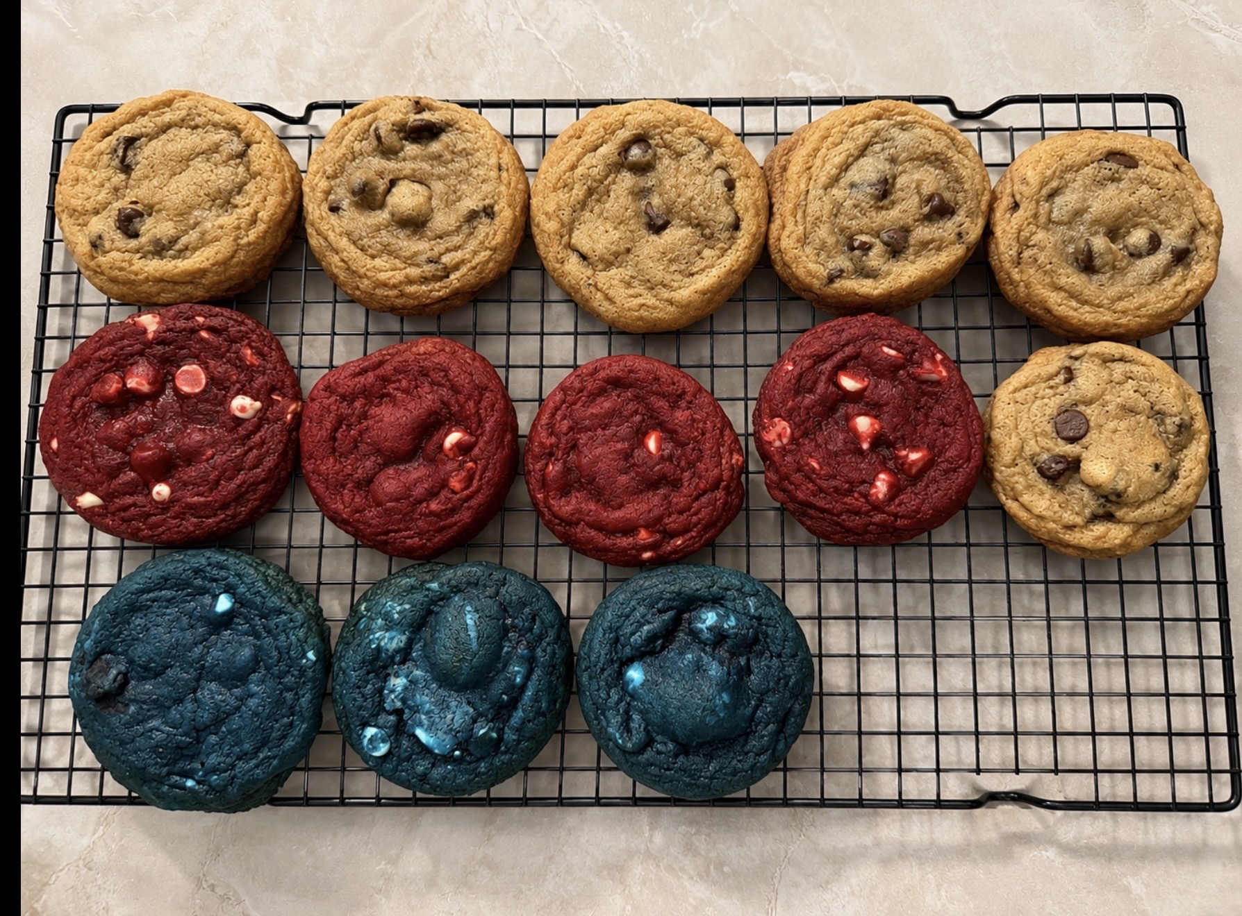 Fresh batch cooling — chocolate chunk, red velvet & cookie monster