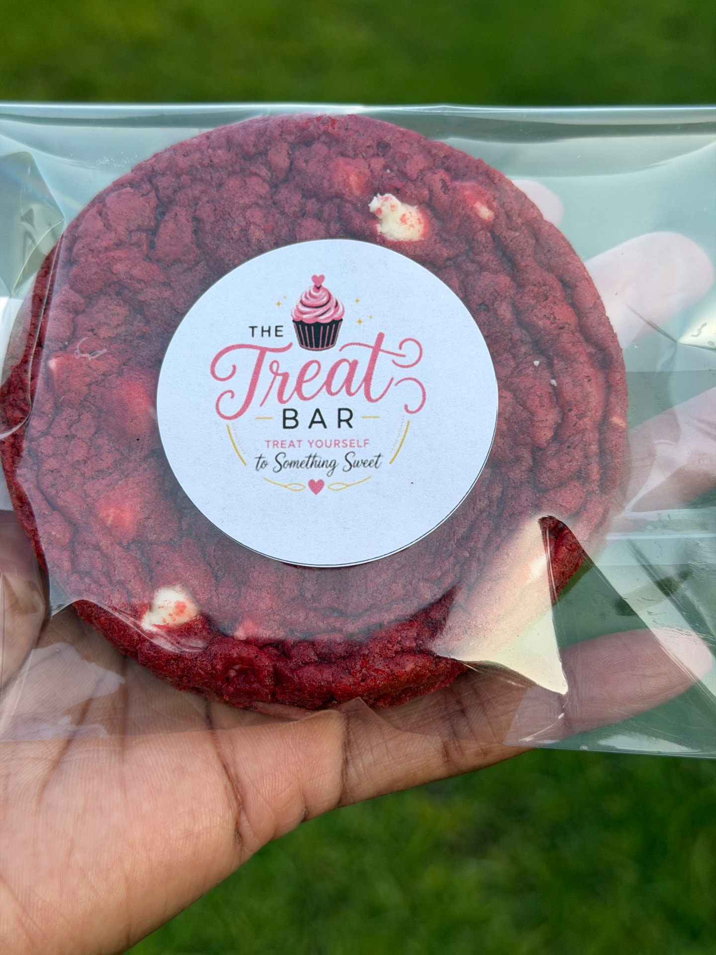 Red velvet cookie, wrapped & ready to go